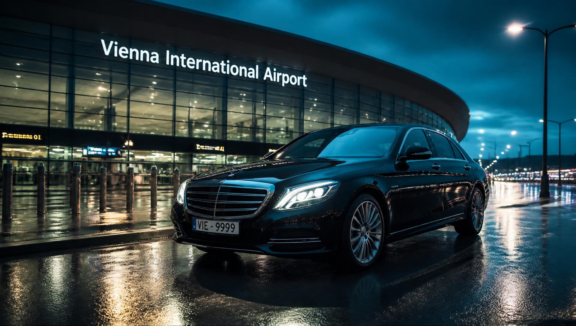 Schwarze Mercedes Limousine vor dem Terminal des Flughafen Wien in der Abenddämmerung